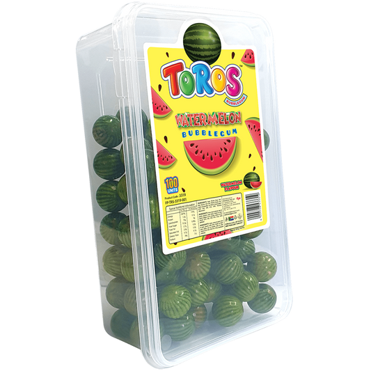 Packaged watermelon bubblegum with a colorful label on a white background
