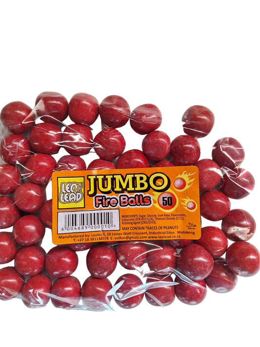 Packaged red jumbo fire balls with a Leo Lead label on a white background