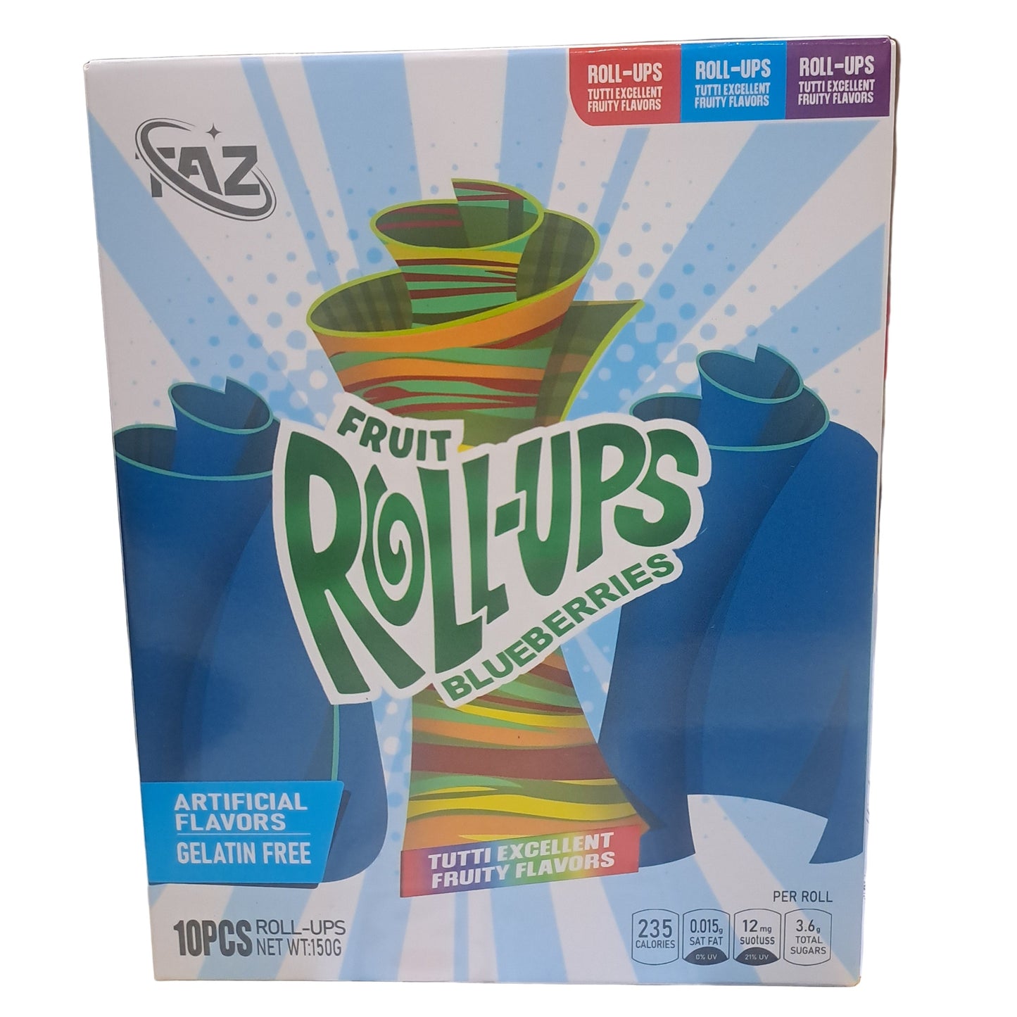 Box of Fruit Roll-Ups with colorful packaging on a blurred background
