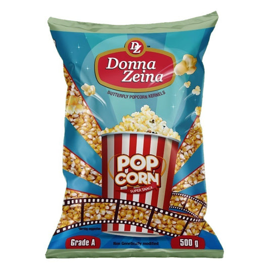 Bag of Donna Zeina popcorn kernels with a colorful design on a white background