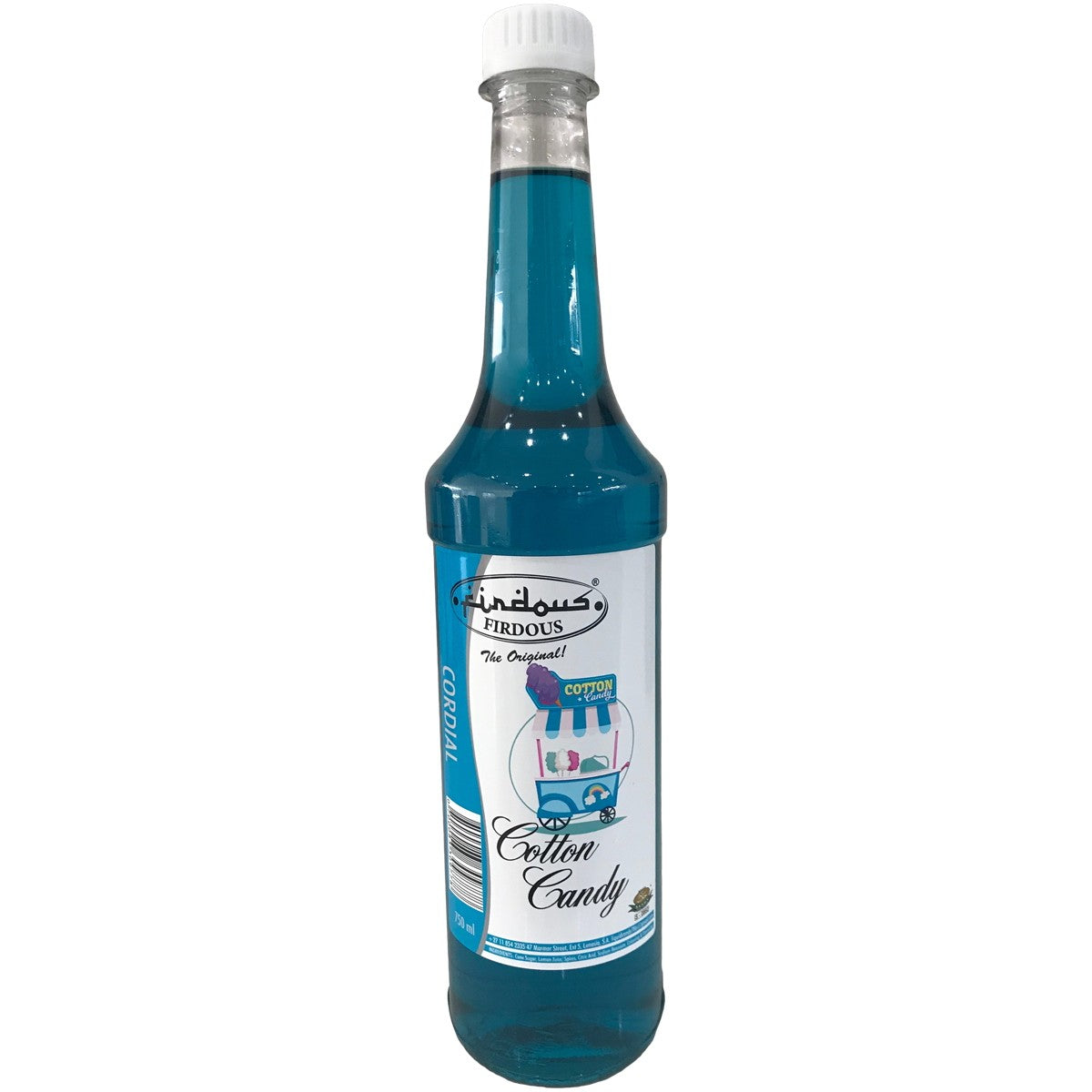 Blue bottle of cotton candy syrup with a white cap on a white background