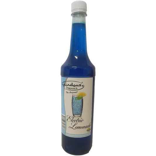 Bottle of electric lemonade syrup with a label on a white background