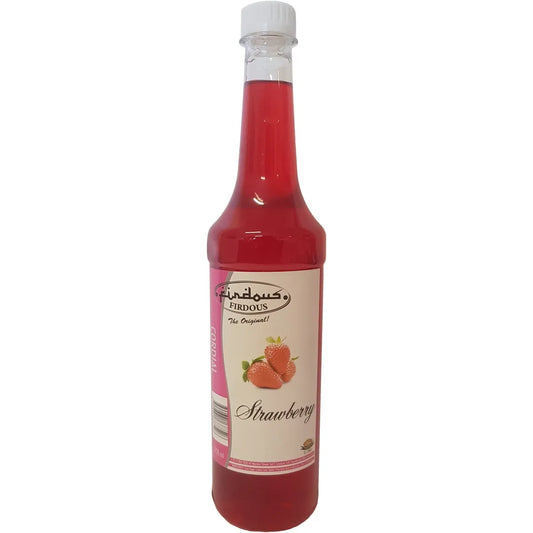 Bottle of strawberry cordial syrup with a visible label on a white background