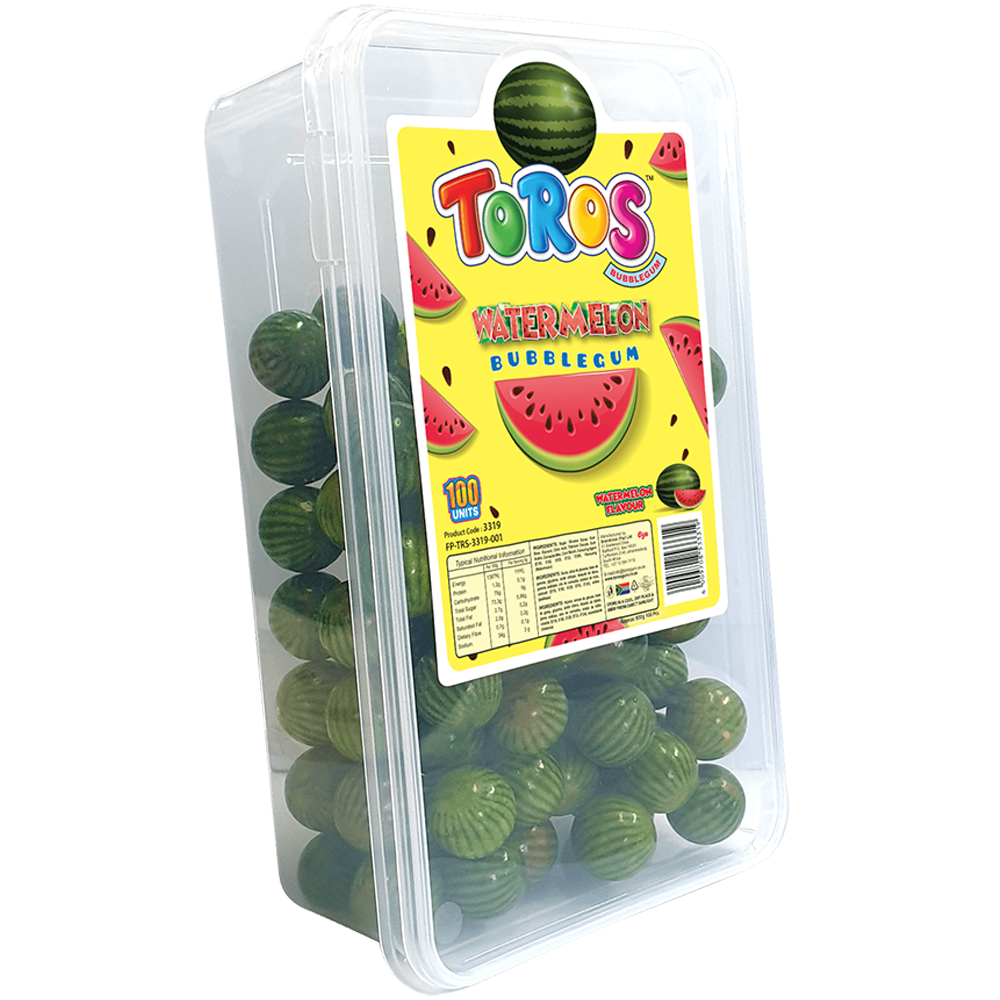 Packaged watermelon bubblegum with a colorful label on a white background
